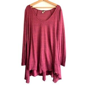 We The Free People Oversized Waffle Knit Top Size Medium Red Asymmetrical Hem